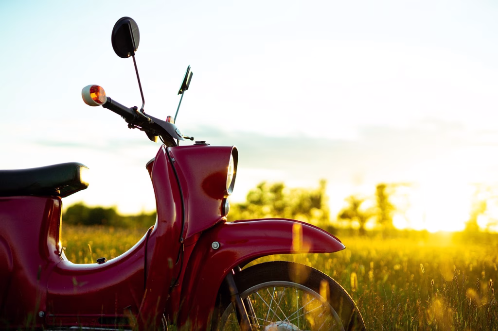 scooter, sunset, nature, red motor, grasses, motorcycle, outdoor, meadow, transport, classic, retro, automobile, automotive